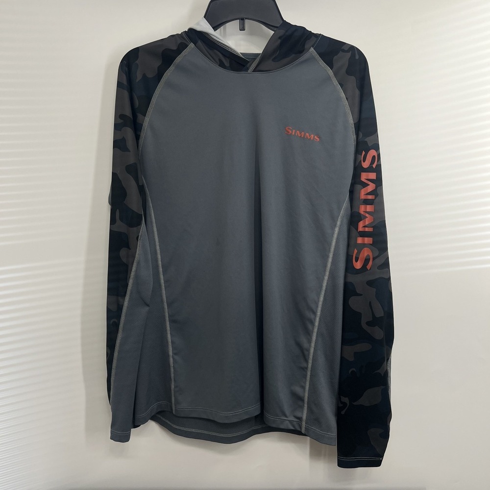 Simms SolarVent Hoodie Mens Med Gray Camo Long Sleeve Fishing Shirt UPF 50 Sun - Picture 1 of 12